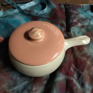 Vintage McCoy 1940's Crock Covered Soup Pink & White w Handle